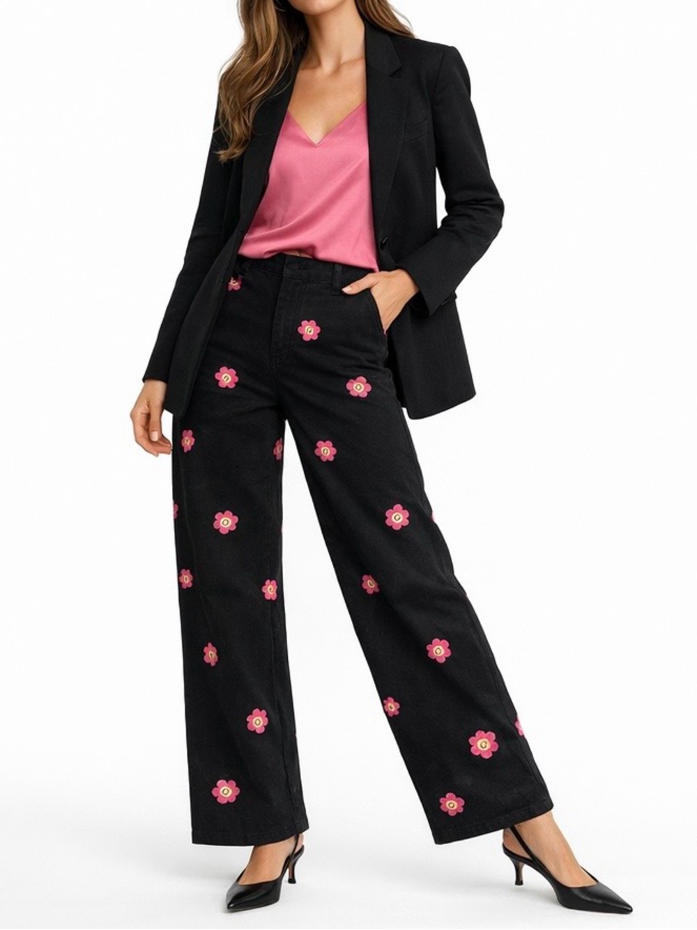 🆕 Black Wide-leg Pants Cotton Embroidered Happy Face Flower Power Party Pants L